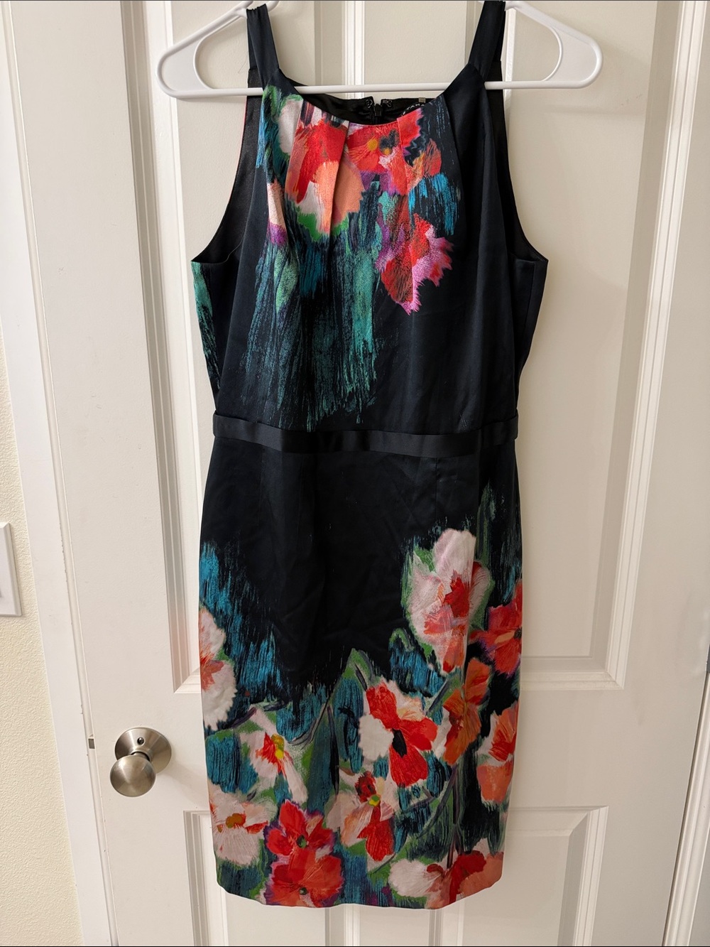 Elie Tahari Black Silk Midi Dress with Multicolor Floral Print